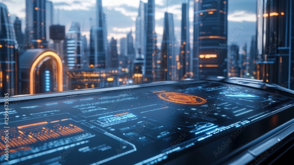 Poster futuristic control panel displaying complex data and graphics, monitoring and managing infrastructur