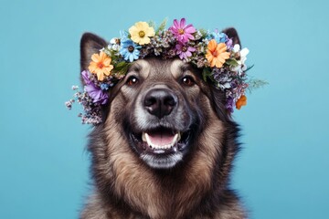 Professional studio picture. Cute adult dog cocker spaniel wearing untamed flower crown on its head...