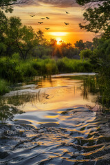 Obraz premium Serene Sunset Landscape with River, Lush Green Trees, and Birds in Flight