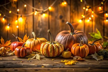 Rustic Thanksgiving Background: Pumpkins on Old Wood with Copy Space