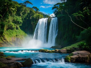 Fototapeta premium Discover Angel Falls: Venezuela’s Breathtaking Natural Wonder, Cascading 3,212 Feet from a Towering Tepui, Creating the World’s Highest Waterfall Amidst Lush Jungle and Stunning Scenery
