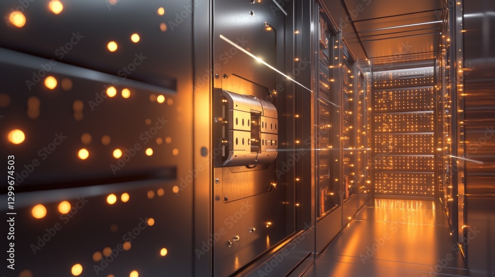 Poster Modern server room interior with glowing led lights creating data center infrastructure technology