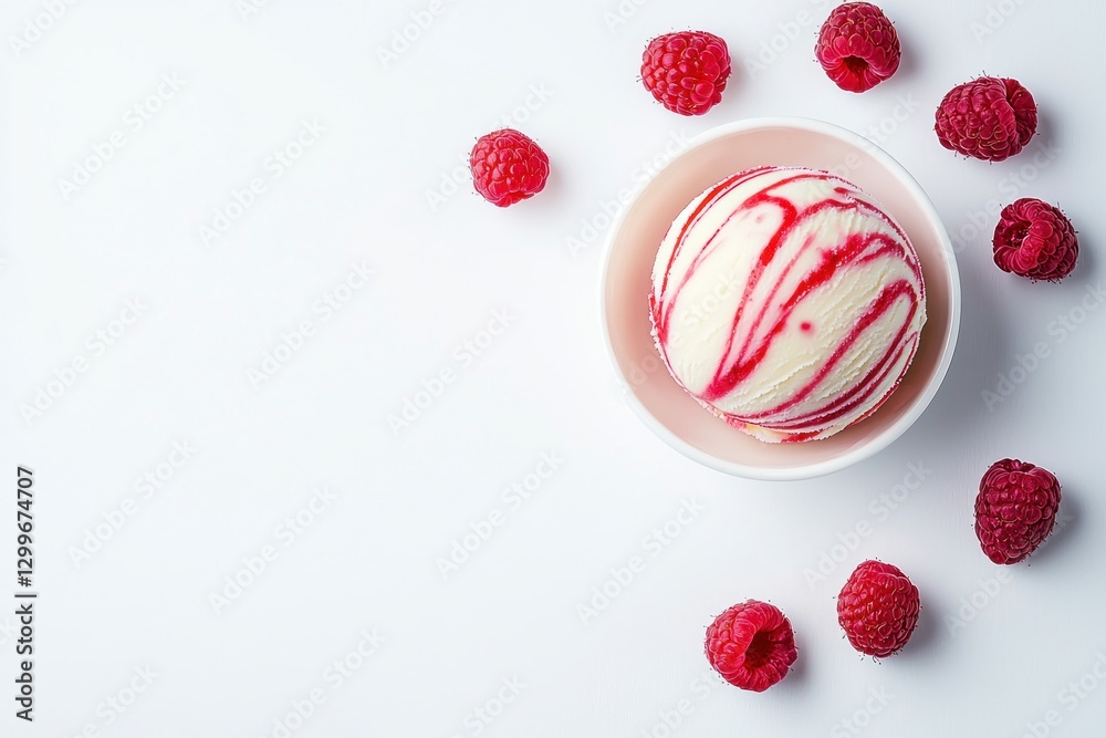 Aufkleber refreshing raspberry ripple ice cream in a pink bowl surrounded by fresh raspberries flat lay on whi