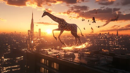 A surreal depiction of a glowing giraffe leaping across a skyline at sunset, casting an ethereal silhouette against a cityscape filled with sparkling lights and warm hues