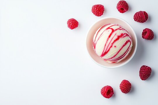 Refreshing raspberry ripple ice cream in a pink bowl surrounded by fresh raspberries flat lay on white