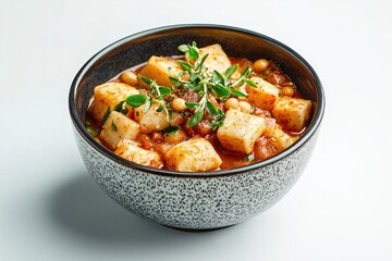 Appetizing bowl featuring braised potato cubes chickpeas thyme herb delicious culinary delight food photography closeup style