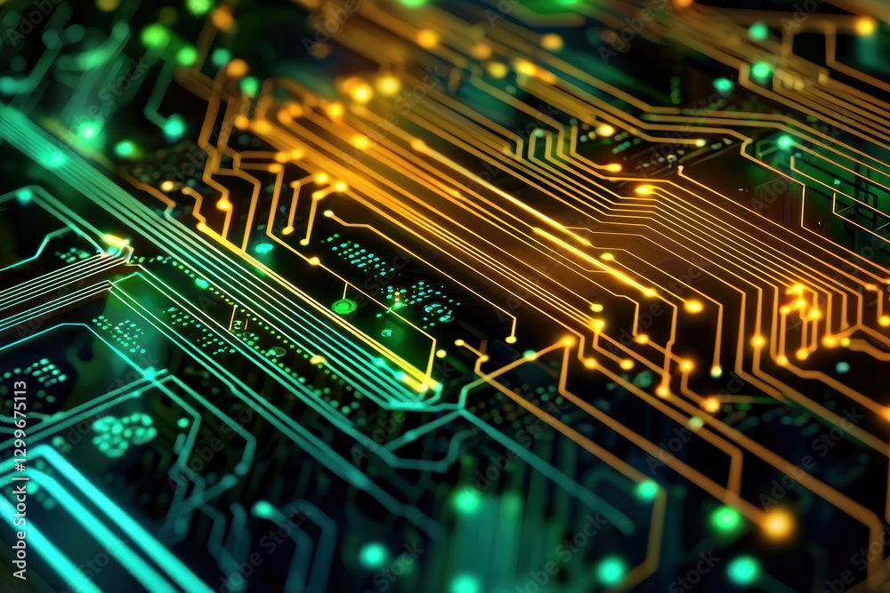 Poster illuminated circuit board pathways in vibrant green and gold close up high technology concept