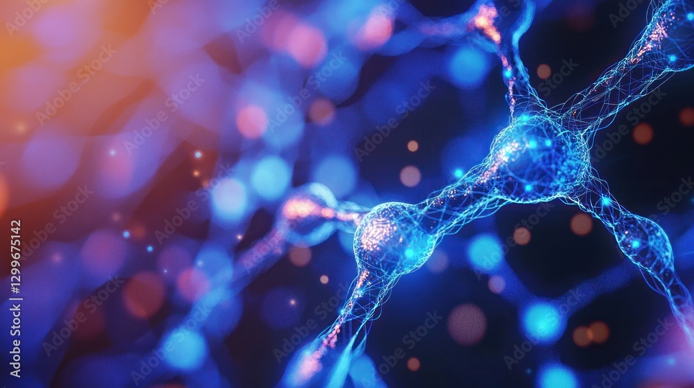 Poster bioluminescent neuron network illustration depicting connectivity neural system in futuristic style 