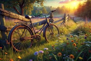 Fototapeta premium Rusty Bicycle Leaning on Wooden Fence in Wildflower Meadow - Urban Exploration Photography