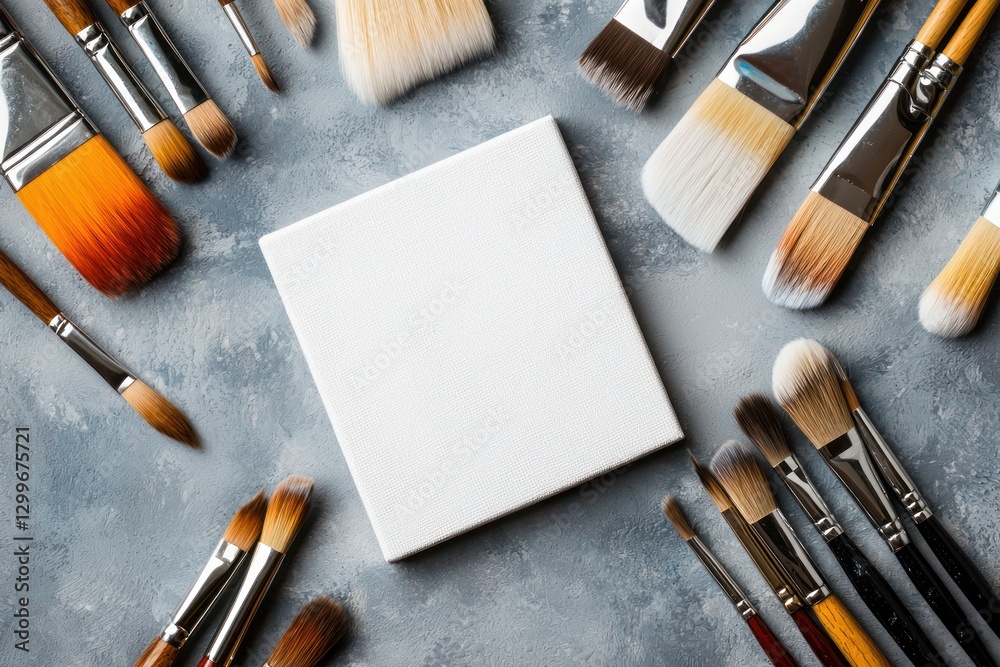 Aufkleber various paintbrushes encircling a blank canvas in top down studio shot on a gray artistic background