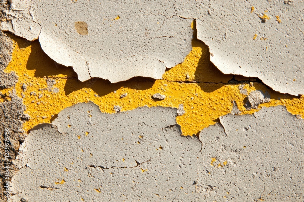 Poster Vivid Yellow Texture Beneath Cracked Plaster Surface Creates Striking Composition with Weathered Detail and Unique Visual Depth for Abstract Art and Design
