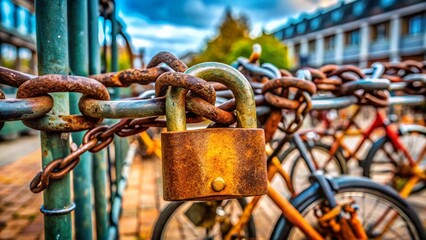 Naklejka premium Rusty Padlock and Chain in Empty Bicycle Rack - Abandoned Bike Parking Lot Stock Photo