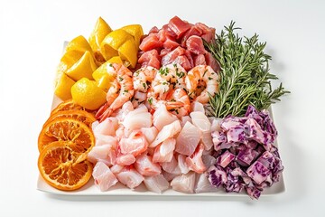 Gourmet culinary seafood platter offering a medley of raw tuna shrimp cod with lemon orange rosemary and red cabbage