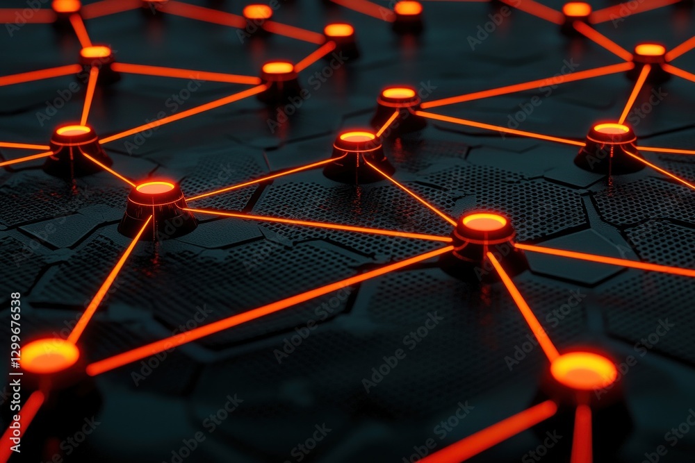 Aufkleber Abstract Glowing Network Connecting Nodes and Lines on Black Technological Background Futuristic and Modern High Tech Design Style