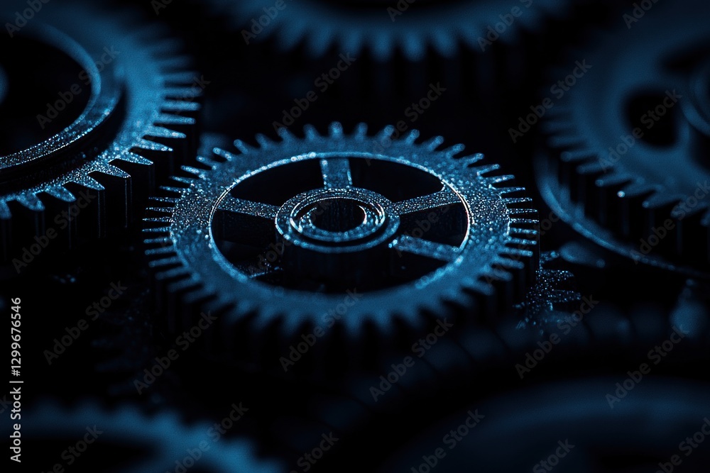 Poster close up captivating view of cogwheels machinery components against a dark background in blue hue