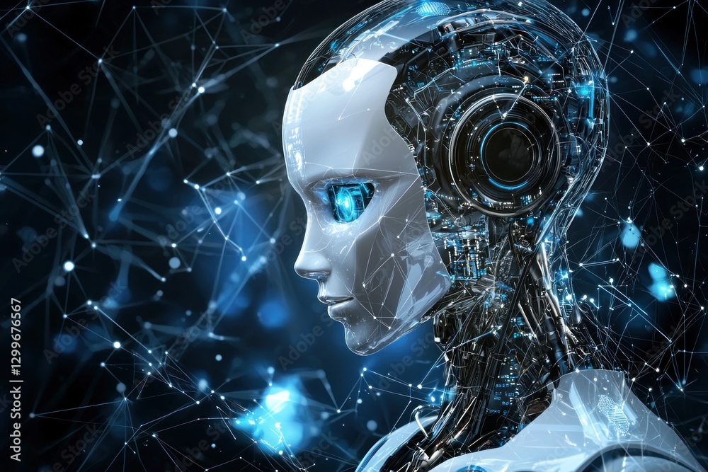 Poster Futuristic Robot Face with Artificial Intelligence Circuitry and Glowing Blue Eye on Complex Network