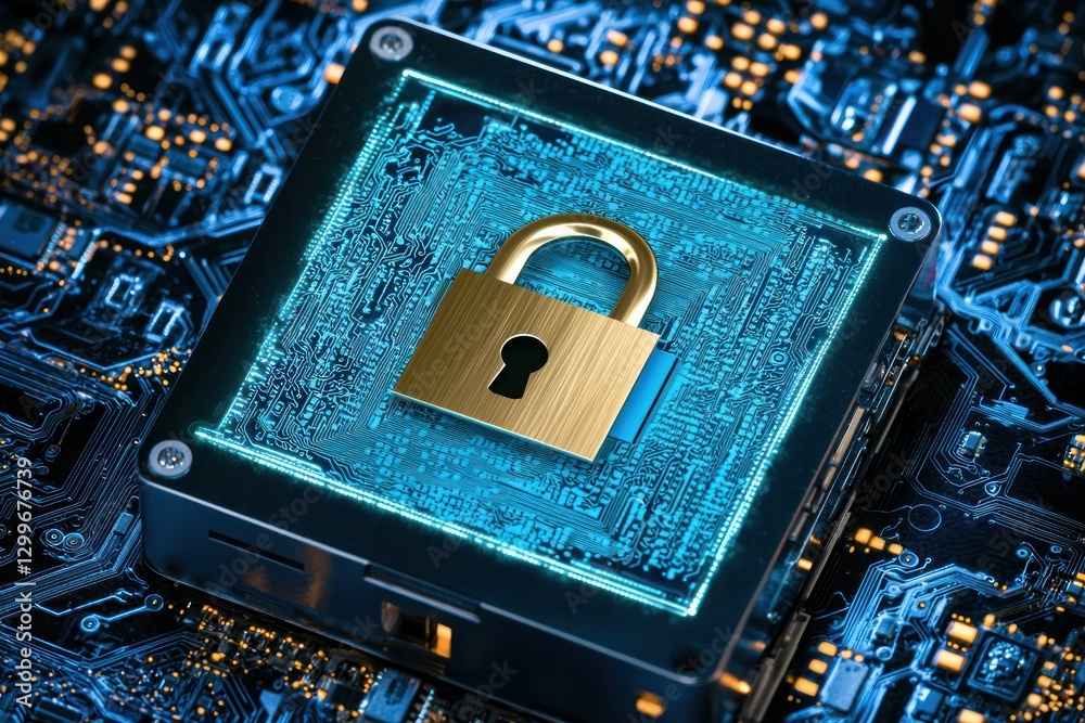 Aufkleber Glowing Blue Circuit Board with Gold Padlock Represents Secure Data Futuristic Security