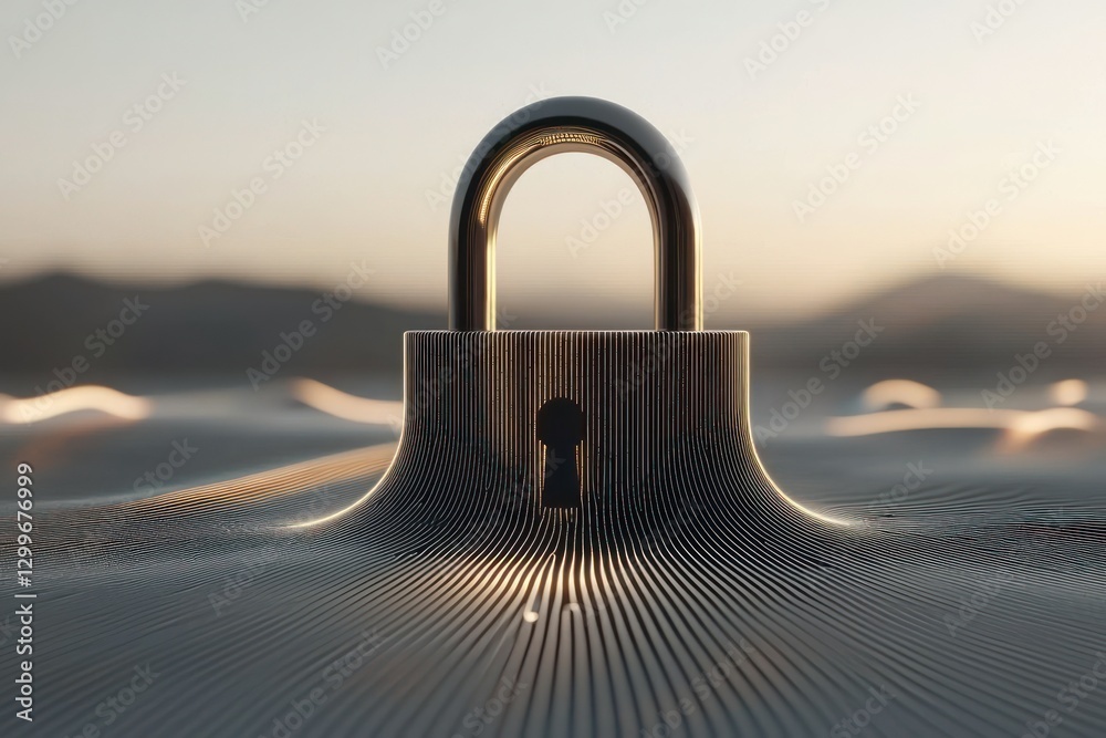 Poster metallic padlock on abstract surface under clear sky security and protection concept strongbox defen