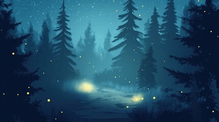 Naklejka premium A dark and mysterious pine forest at night, with glowing fireflies and a narrow misty pathway leading into the depths.