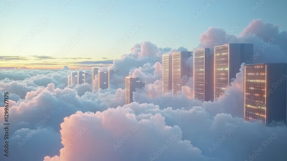 Poster Ethereal data processing concept in soft dreamy atmosphere showing rows of cloud servers reflecting warm light