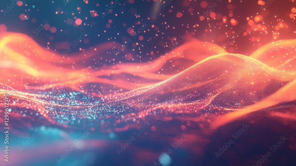 Poster Digital landscape with glowing dots and energy waves abstract representation technology background