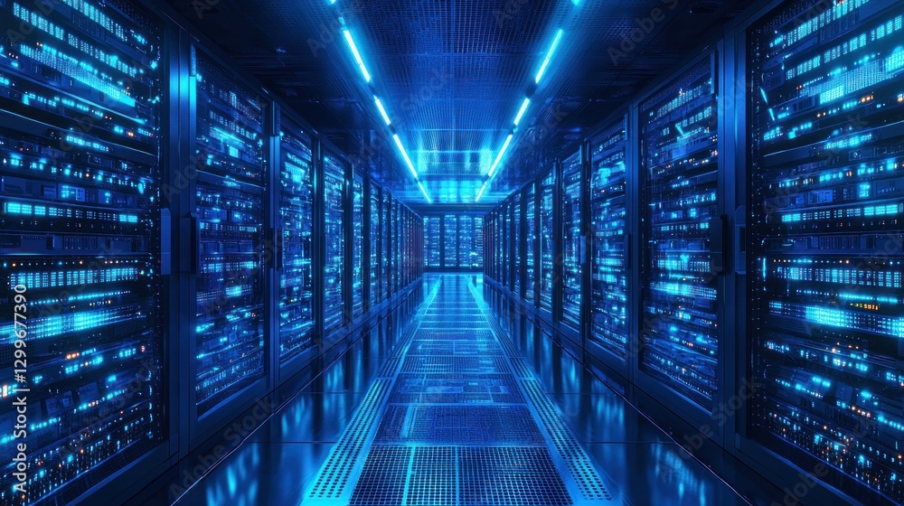 Poster Blue lit server room with racks of computer equipment under neon lights in futuristic data center
