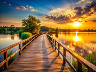 Fototapeta premium Scenic Lake Artemesia Boardwalk, College Park Maryland - Peaceful Summer Day