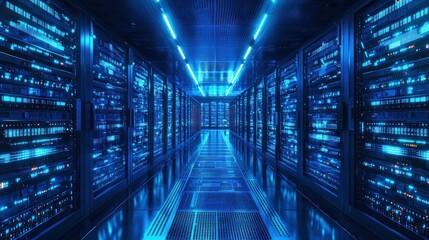 Fototapeta premium Blue lit server room with racks of computer equipment under neon lights in futuristic data center