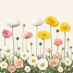 Fototapeta premium Vibrant Spring Garden with Colorful Flowers on a Soft Neutral Background