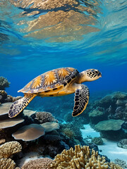 Obraz premium Hawksbill Sea Turtle feeding on a tropical coral reef