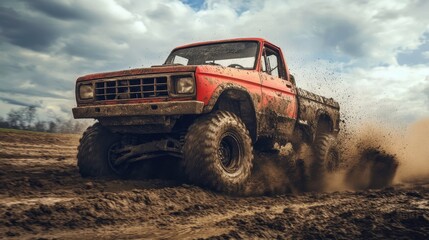 Fototapeta premium Off-Road Truck Racing Through Muddy Terrain