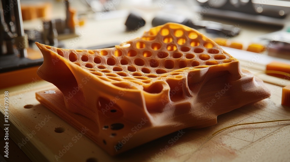 Aufkleber intriguing orange prototype with honeycomb structure created by additive manufacturing on a workbenc