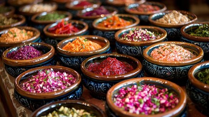 Naklejka premium Vibrant variety of authentic Turkish meze bowls arrangement colorful display culinary delight delicious assortment