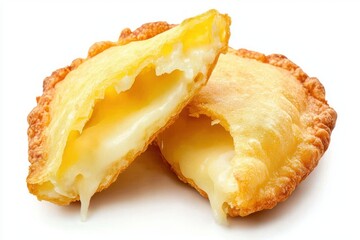 Crispy golden empanada filled with melting cheese delight showcasing a savory snack against clear white background