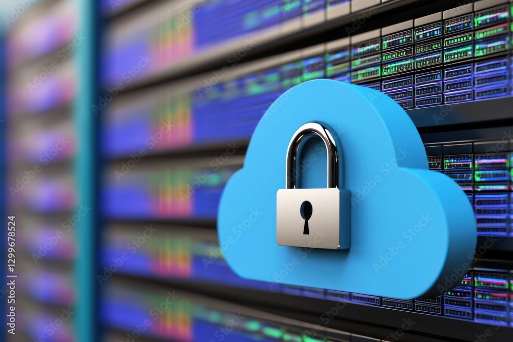 Leinwandbilder Azure Cloud Lock Security on Data Server Rack Modern Cyber Safe Digital Network Connection Storage