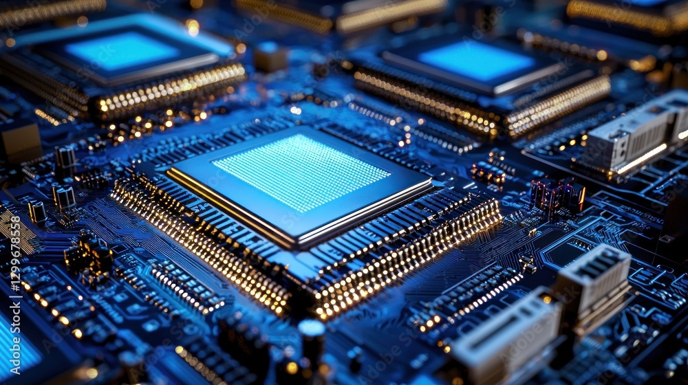 Poster Complex microchip architecture intricate electronic components blue circuit board abstract technology