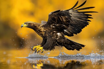 Fototapeta premium Eagle Skimming Crystal Clear Lake with Talons Breaking Water Surface