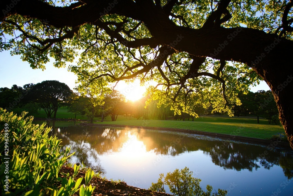 Poster serene landscape of a tranquil lake with bright sunlight filtering through foliage in a beautiful na