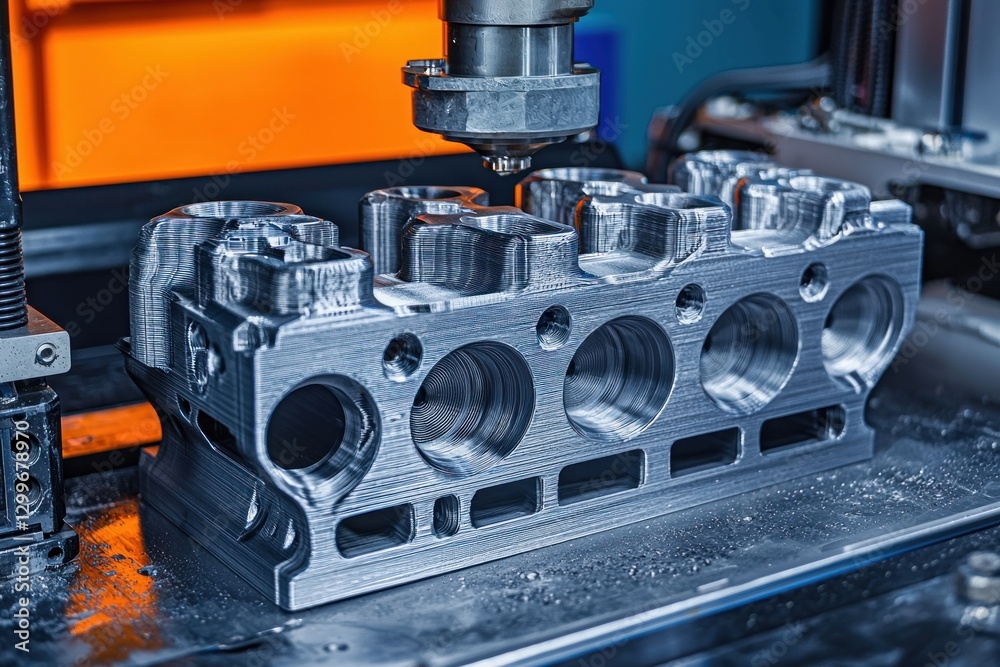 Aufkleber close up of a metal milling machine tool head with cylinder block manufacturing in progress modern i