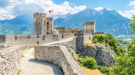 Fototapeta premium Scenic historic Mareda Castel mountains and a bright sky for an inspiring and majestic travel with a stone wall and a red flag view