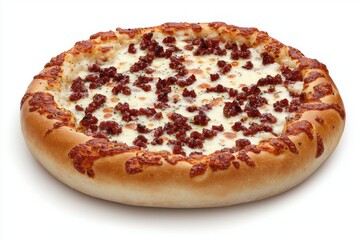 Delicious freshly baked pizza with melted cheese and rich minced meat on a white background culinary photography