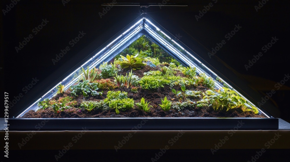 Poster captivating terrarium displaying green vegetation under triangle lighting in modern interior style v