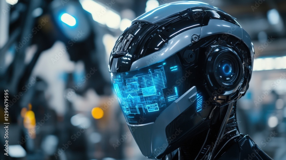 Poster advanced humanoid robot wearing a helmet with a hud interface analyzes data and processes informatio