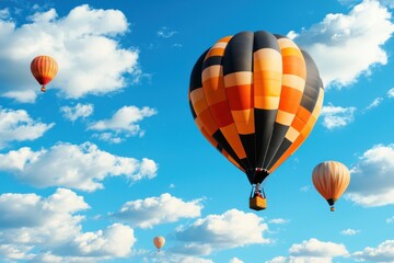 Obraz premium Hot air balloon adventure over a vibrant blue sky with fluffy clouds for freedom and travel inspiration