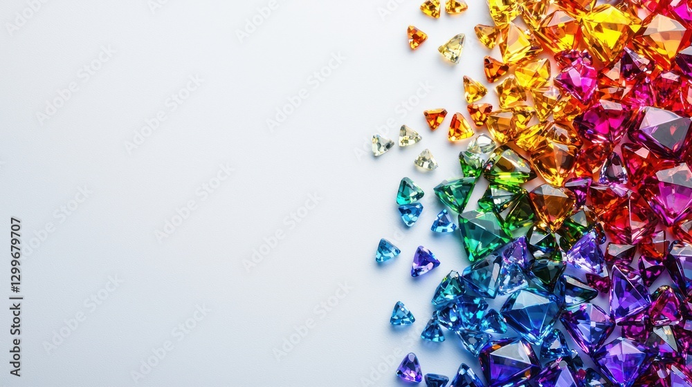 Poster Faceted Jewels Radiating Vibrant Gradient Hues Arranged on Smooth White Backdrop Creating a Visual Symphony