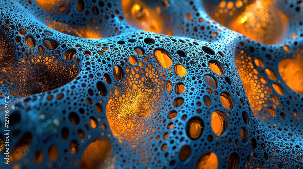 Poster abstract background with blue porous surface and yellow glow creating a mesmerizing organic texture