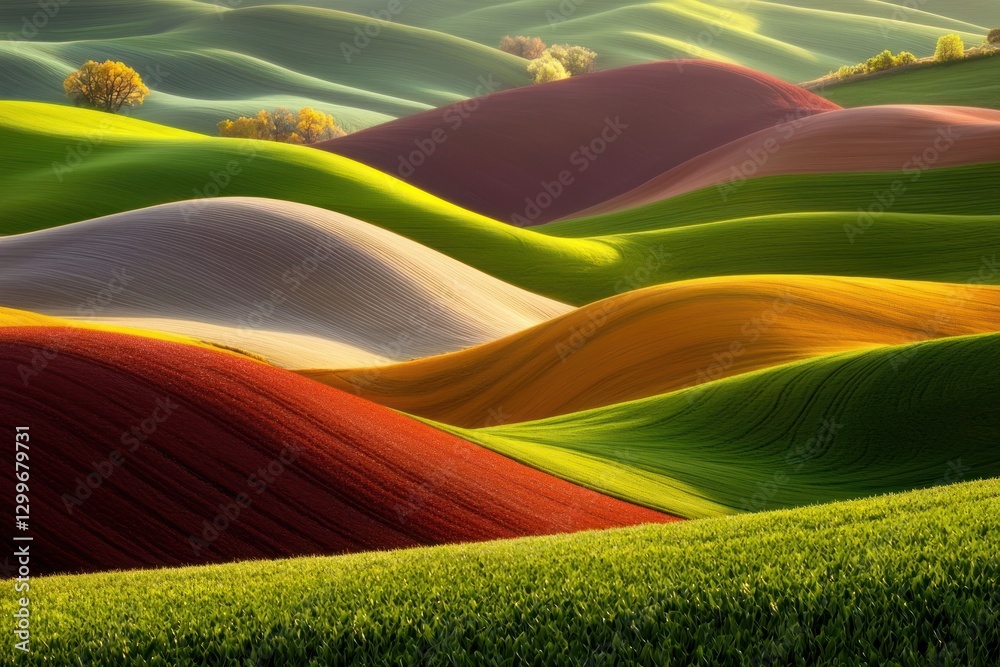 Poster undulating fields of vibrant colors gentle hills and isolated trees forming scenic pattern in lush l