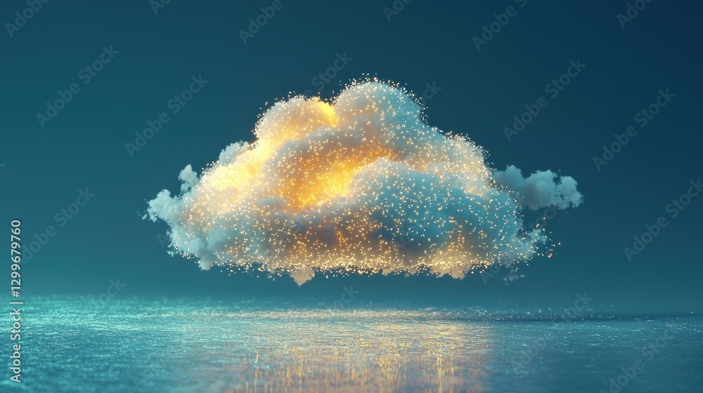Leinwandbilder abstract ethereal cloudscape on teal background with luminous dots against wet surface generating ho