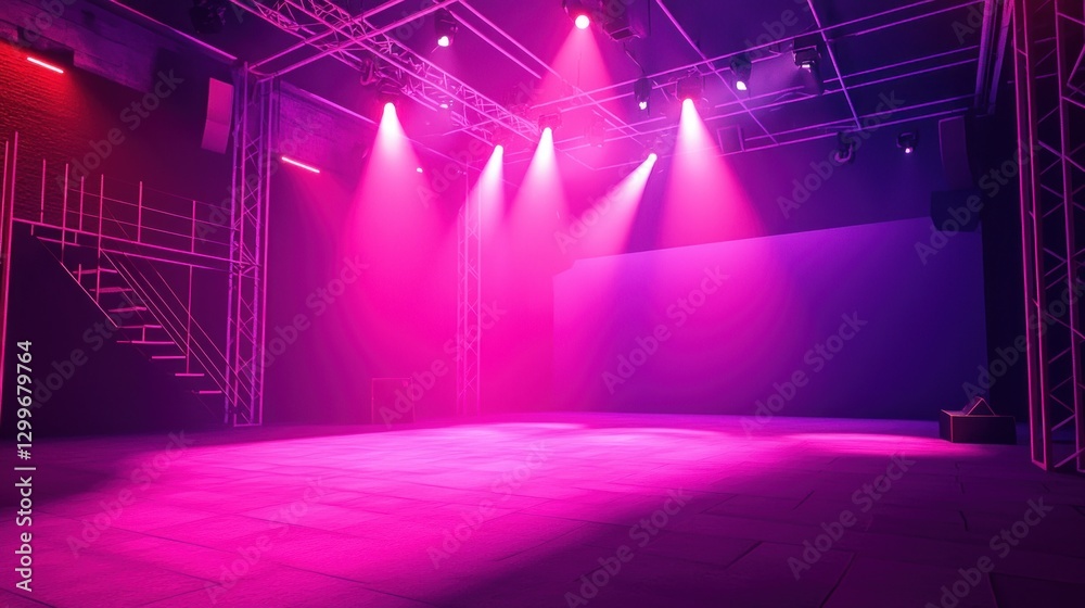 Poster captivating neon illuminated stage with vibrant pink and purple light show for live music performanc