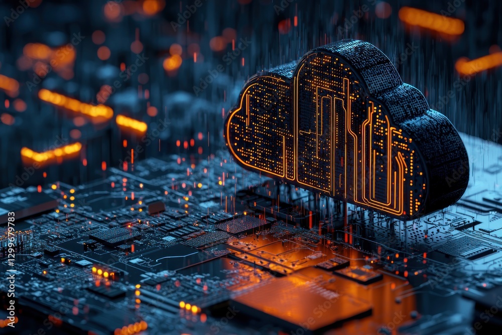Fototapete Tech cloud computing technology concept showcasing data network and innovative future solutions digital transformation on complex circuit board background